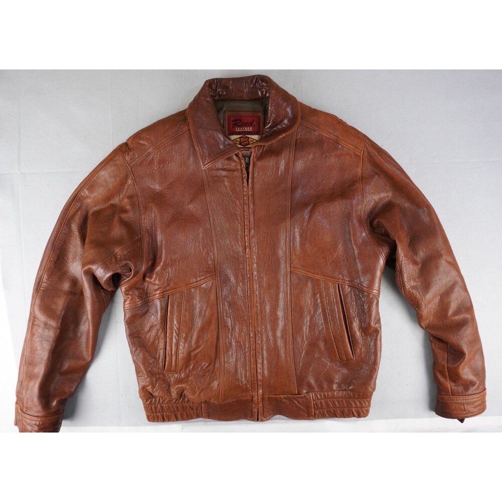Vintage Reed Sportswear Leather Bomber Jacket Men's Large Brown Zip Casual USA